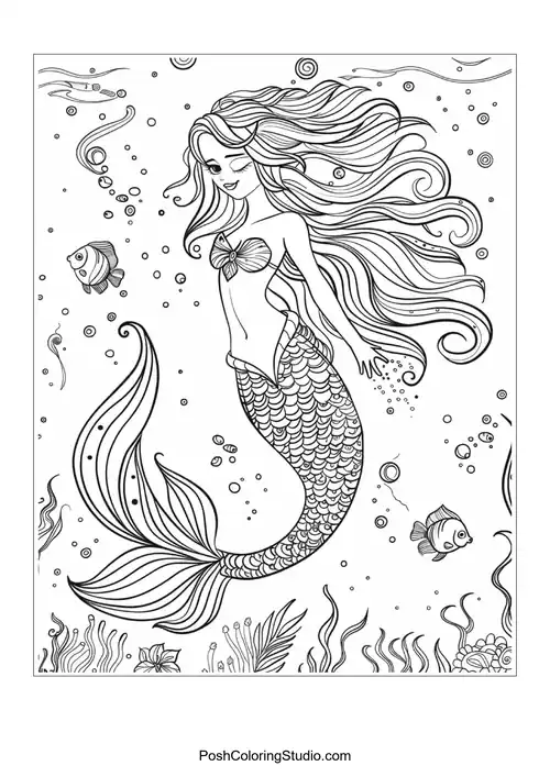 A mermaid with flowing hair and intricate details.