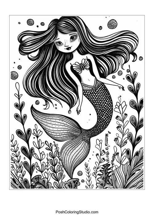 A mermaid surrounded by bubbles and aquatic plants.