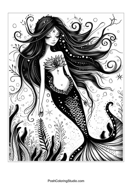 A mermaid with a flowing tail and intricate hair.