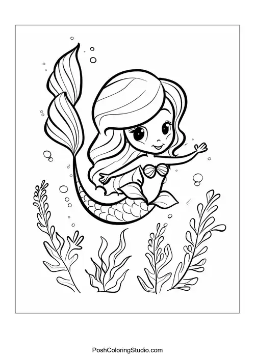 A mermaid with a detailed tail swimming among fish.