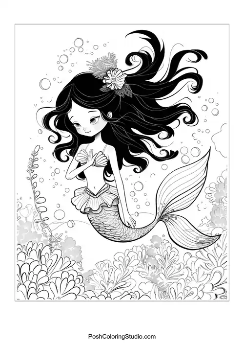 A mermaid adorned with flowers in her hair.