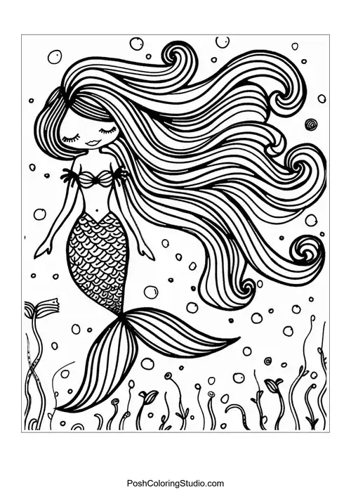 A whimsical mermaid with long flowing hair and bubbles.