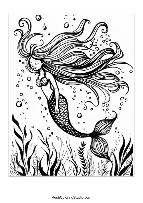 A mermaid with a detailed tail and underwater plants.