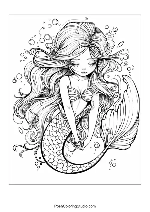 A serene mermaid with a delicate expression and fish.