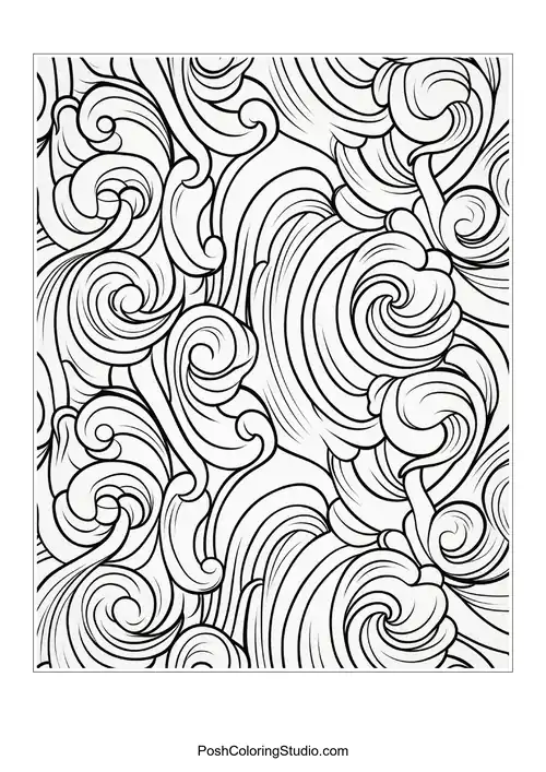 A flowing design of waves and curls with depth.