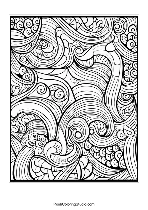 A complex arrangement of waves and curls in a flowing pattern.