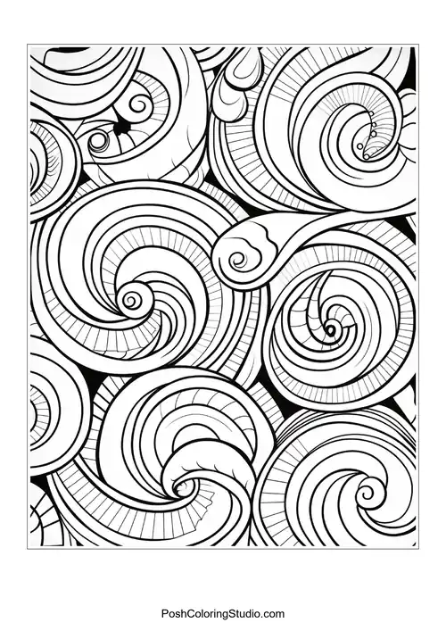 A complex arrangement of waves and curls in a flowing pattern.