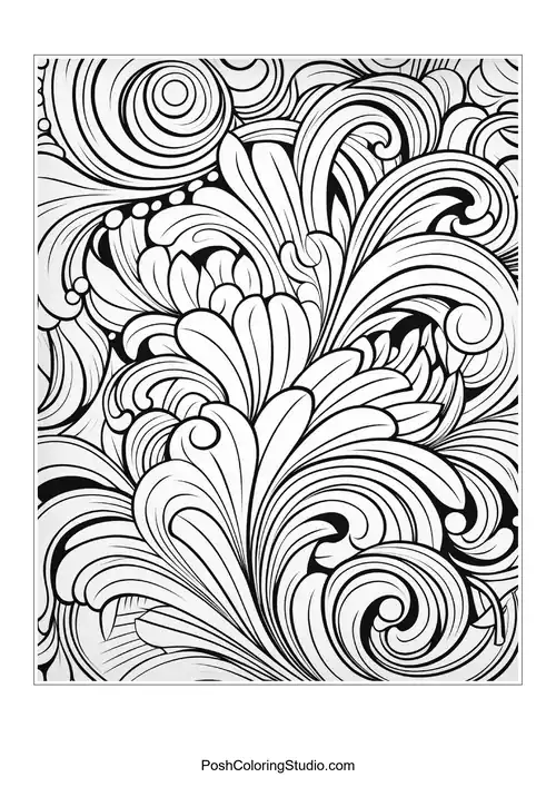 A whimsical arrangement of swirls and floral elements.