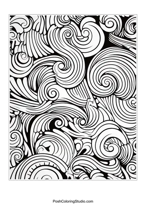A decorative pattern of swirling lines and shapes.