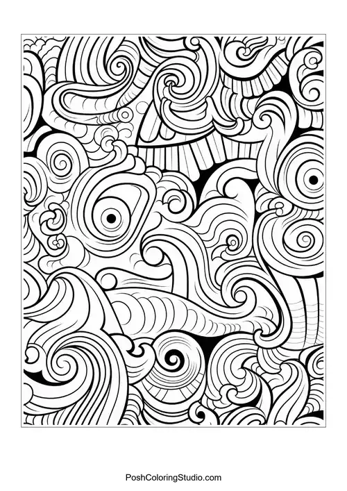 A complex arrangement of waves and curls in a flowing pattern.