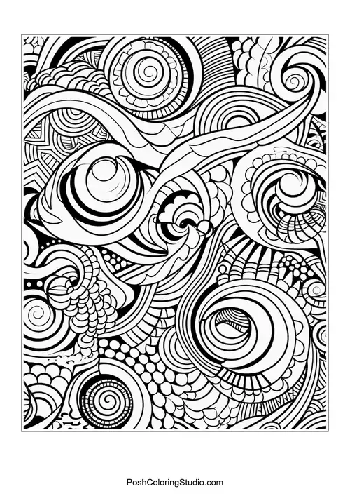 A flowing design of waves and curls with depth.