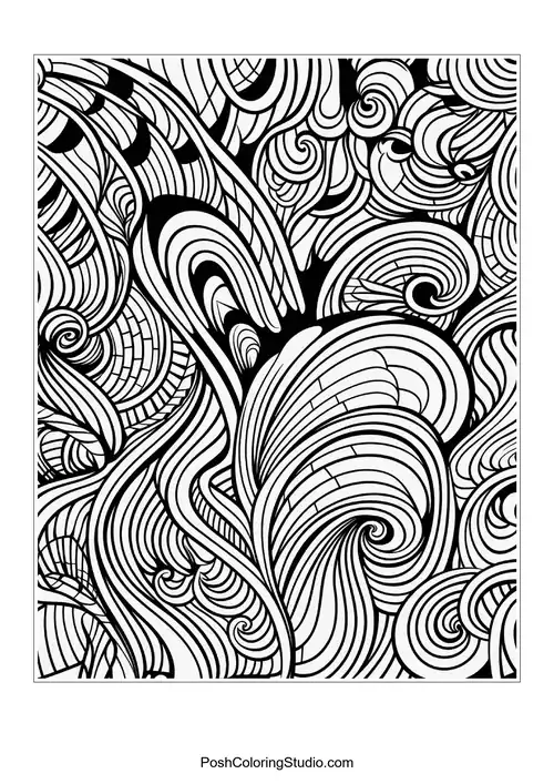 A complex arrangement of waves and curls in a flowing pattern.
