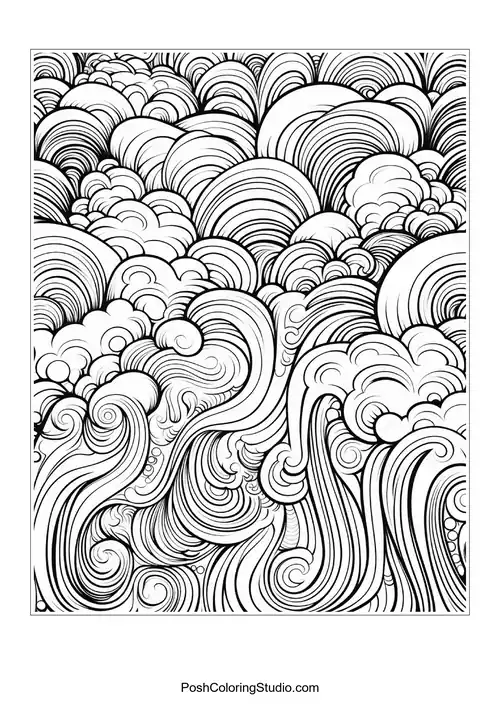 A flowing design of waves and curls with depth.