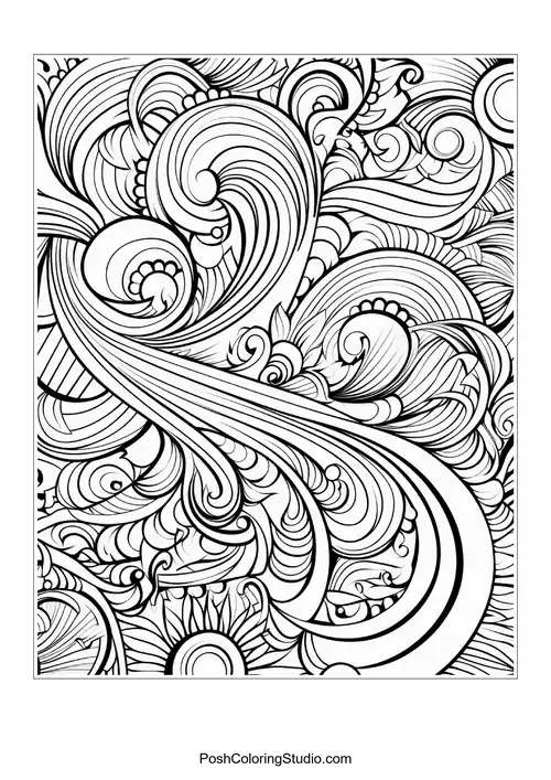 A whimsical arrangement of swirls and floral elements.