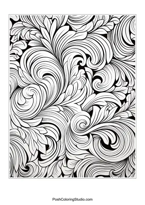 Floral shapes and swirling lines create a decorative pattern.