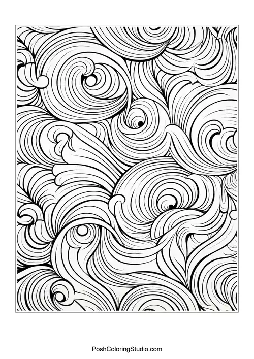 A pattern of waves and curls with a rhythmic flow.