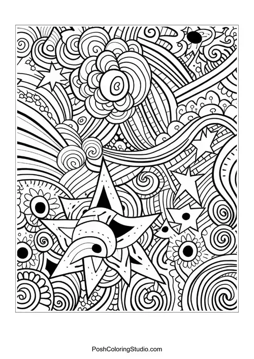 A whimsical design of stars and spirals intertwined.