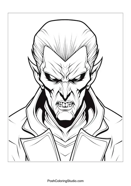 A vampire with a stern look and a high collar.