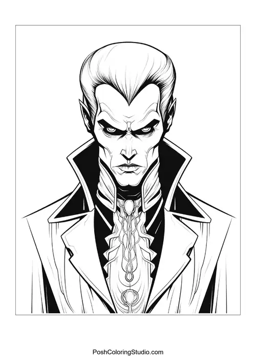 A vampire with a serious expression and ornate clothing.