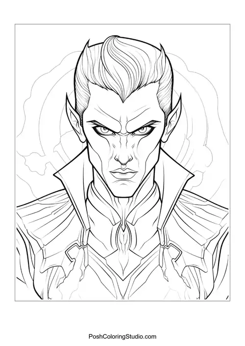 A vampire with a serious expression and sharp features.
