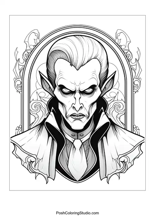 A vampire with a serious expression and ornate clothing.