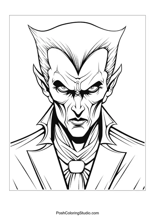 A vampire with a stern look and a high collar.