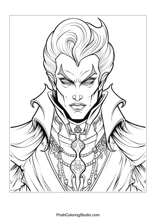 A vampire with a fierce look and elaborate hair.
