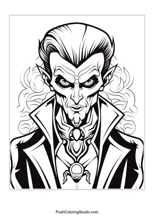A vampire with a serious expression and sharp features.