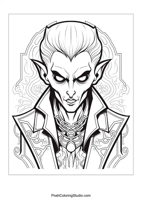 A menacing vampire with pointed ears and a sharp collar.