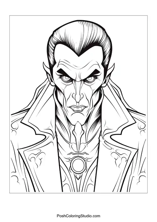 A vampire with a serious expression and ornate clothing.