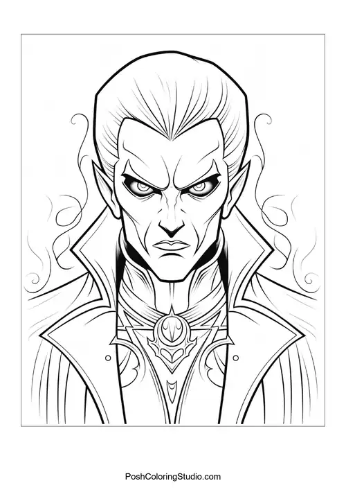 A vampire with a stern look and a high collar.