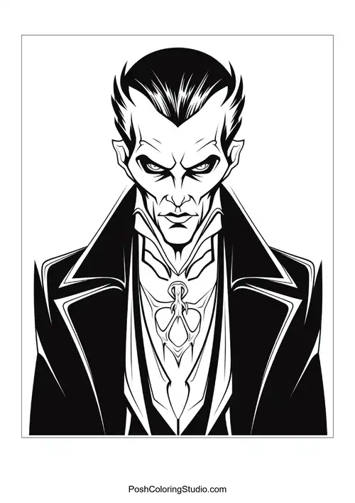 A vampire with a fierce look and elaborate hair.