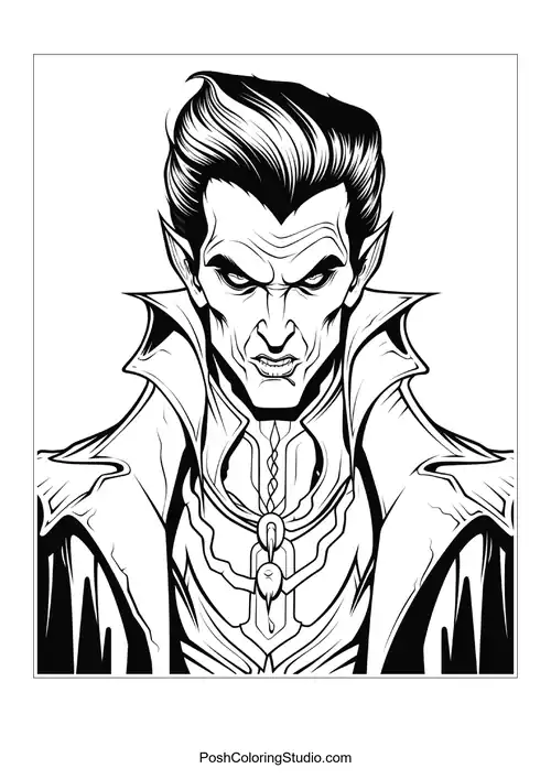 A vampire with a serious expression and sharp features.