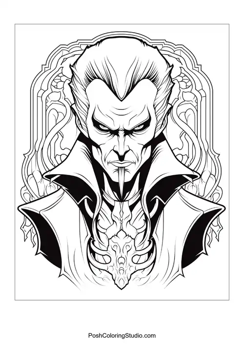 A vampire with a stern expression and a high collar.