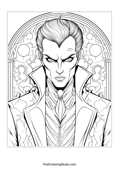 A vampire with a serious expression and ornate clothing.