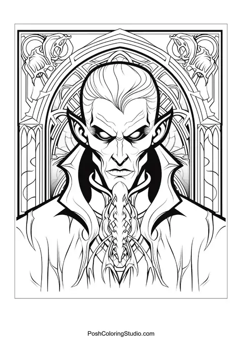 A vampire with a stern look and a high collar.