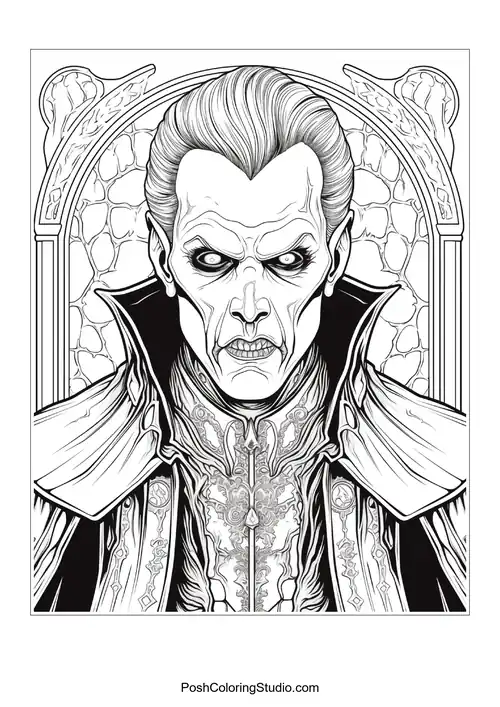 A vampire with a serious expression and sharp features.