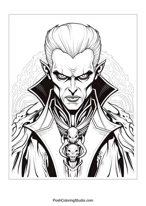 A vampire with a serious expression and ornate clothing.