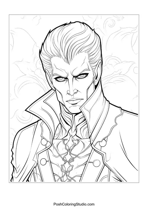 A vampire with a stern look and a high collar.