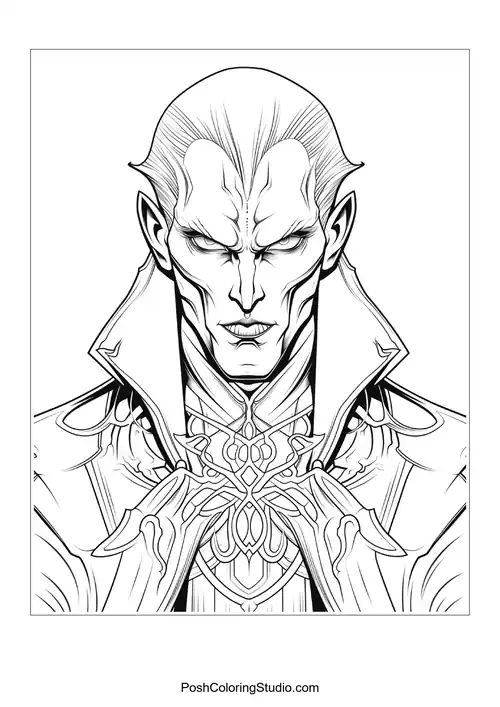 A vampire with a serious demeanor and detailed clothing.