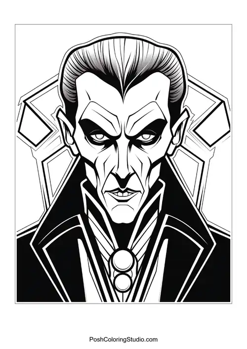 A stern vampire with slicked-back hair and a high collar.