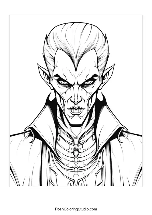 A vampire with a stern look and a high collar.