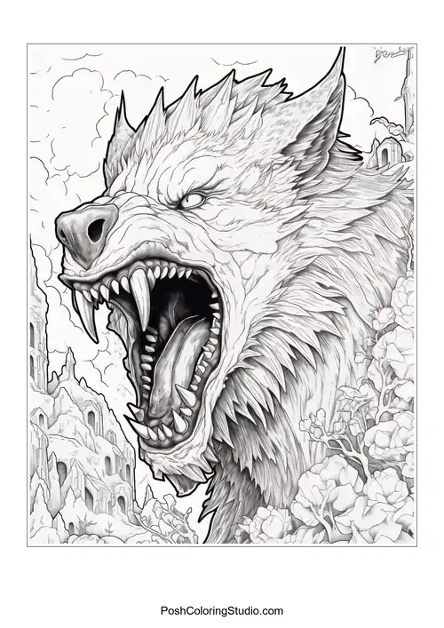A fierce werewolf roaring with sharp teeth and wild fur.