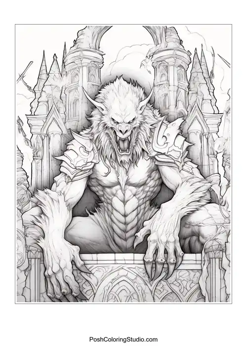 A muscular werewolf seated on a throne, wearing armor.