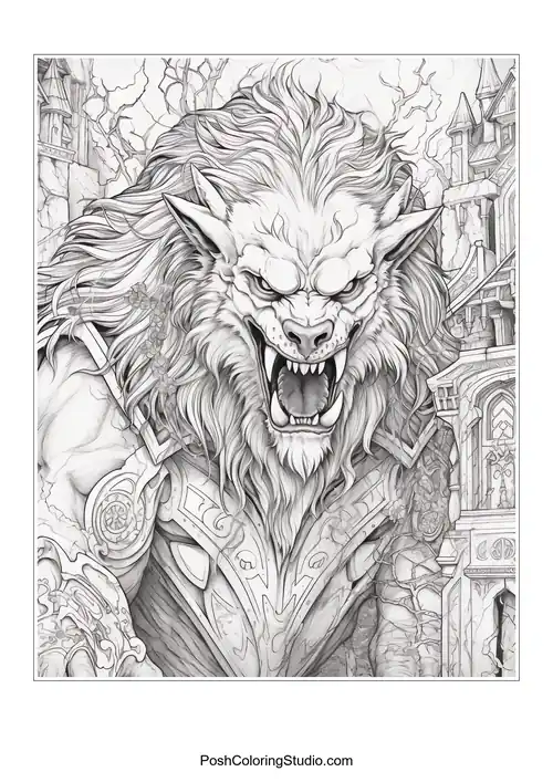 A werewolf with long hair and a fierce expression, wearing ornate armor.