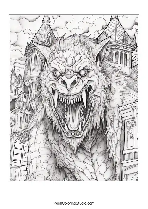A large werewolf with a roaring expression amidst a castle backdrop.