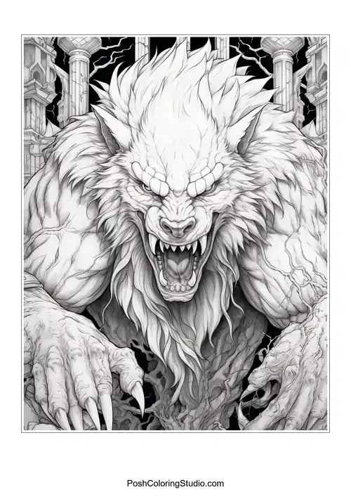 A powerful werewolf with glowing eyes and a muscular build.