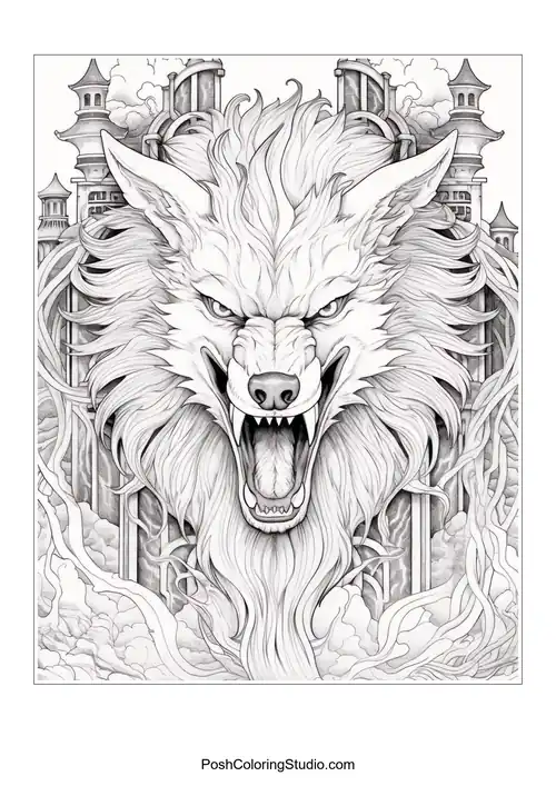 A werewolf's head with intricate fur patterns and sharp teeth.