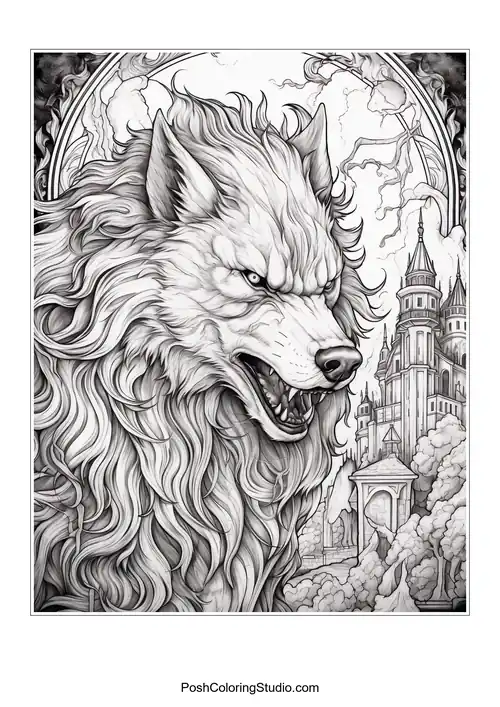 A werewolf with a castle in the background.