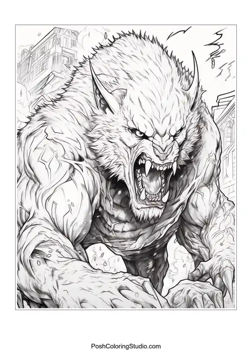 A werewolf emerging from a cityscape.